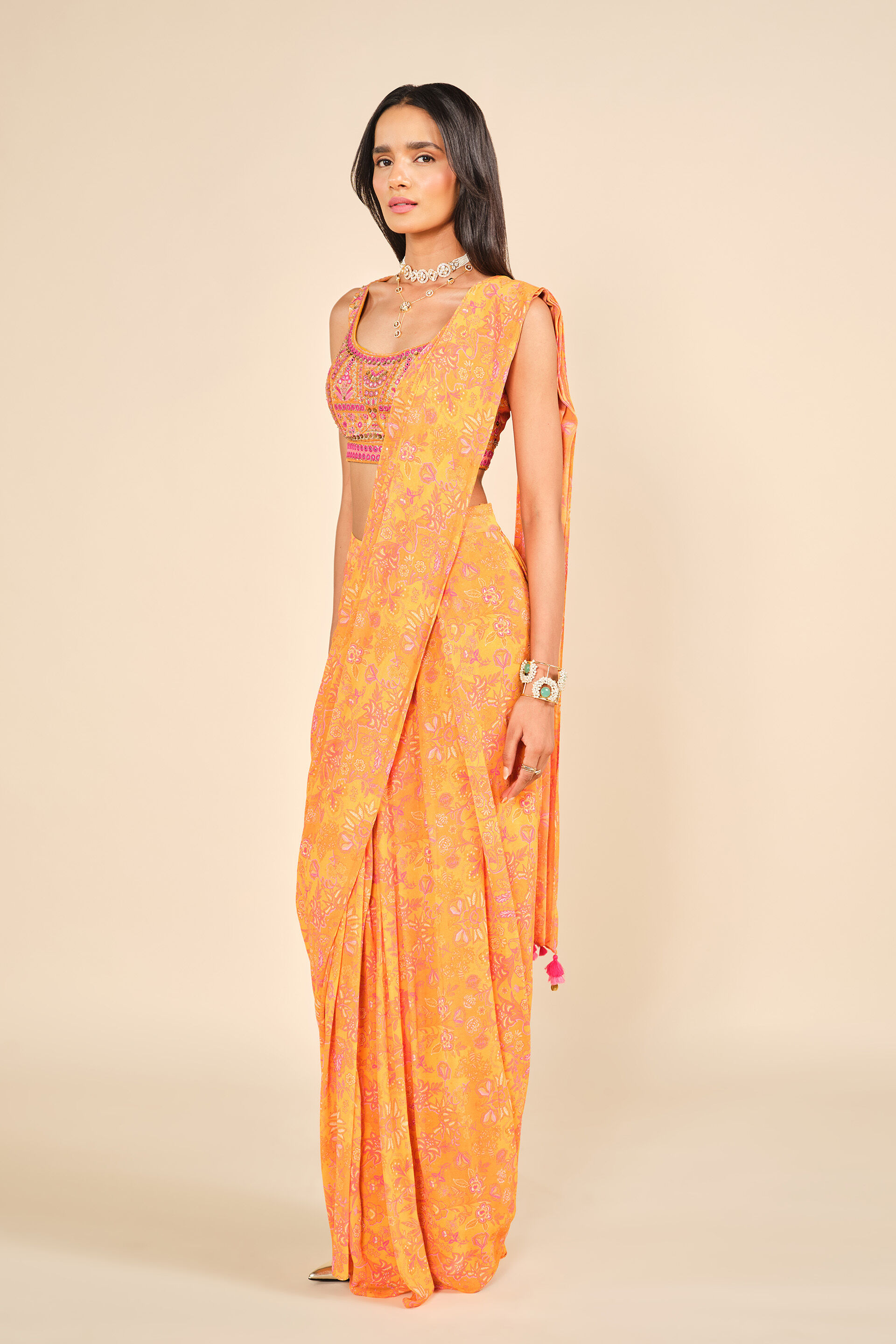 Kanchi Pre-draped Saree, Mustard, image 4